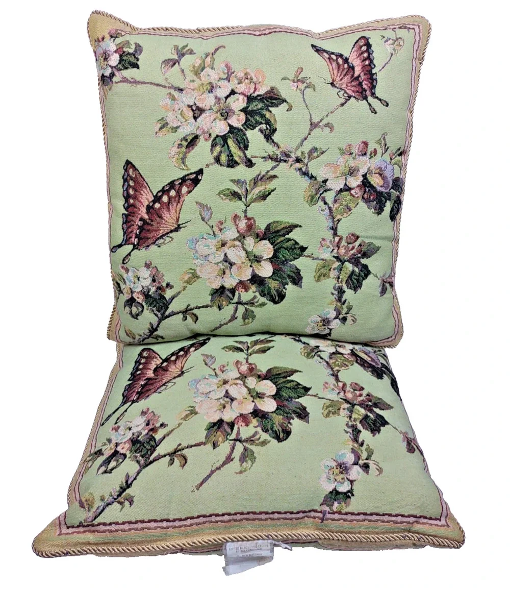 Set of 2 VTG Tapestry Throw Pillows Butterflies Blossoms 18 X 18